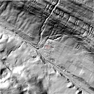 Shaded relief map of the ground around BD235JH, computed from Environment Agency LiDAR. The ground here sits at about 271 m above sea level and falls 179 m across the surrounding 800 m. Surface water reaching this point runs off ground lying to the north-north-east, 12.3 m higher.