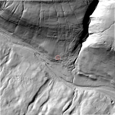 Shaded relief map of the ground around BD235JJ, computed from Environment Agency LiDAR. The ground here sits at about 291 m above sea level and falls 121 m across the surrounding 800 m. Surface water reaching this point runs off ground lying to the north, 96.5 m higher.