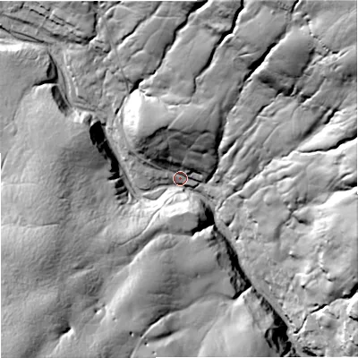 Shaded relief map of the ground around BD235JR, computed from Environment Agency LiDAR. The ground here sits at about 342 m above sea level and falls 125 m across the surrounding 800 m. Surface water reaching this point runs off ground lying to the north-north-east, 95.7 m higher.