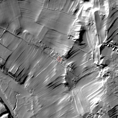 Shaded relief map of the ground around BD235NE, computed from Environment Agency LiDAR. The ground here sits at about 190 m above sea level and falls 78 m across the surrounding 800 m. Surface water reaching this point runs off ground lying to the east-north-east, 9.1 m higher.