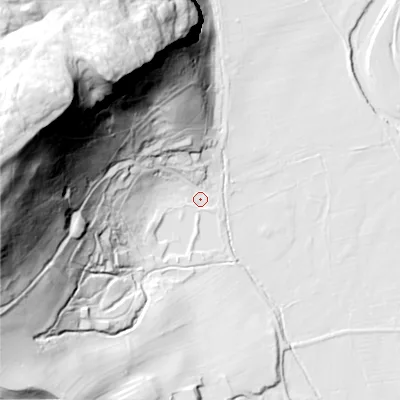Shaded relief map of the ground around BD235PS, computed from Environment Agency LiDAR. The ground here sits at about 185 m above sea level and falls 123 m across the surrounding 800 m. Surface water reaching this point runs off ground lying to the west-north-west, 120.1 m higher.