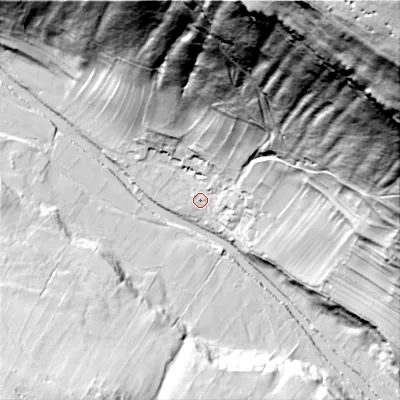 Shaded relief map of the ground around BD235QA, computed from Environment Agency LiDAR. The ground here sits at about 203 m above sea level and falls 205 m across the surrounding 800 m. Surface water reaching this point runs off ground lying to the north-east, 200.2 m higher.