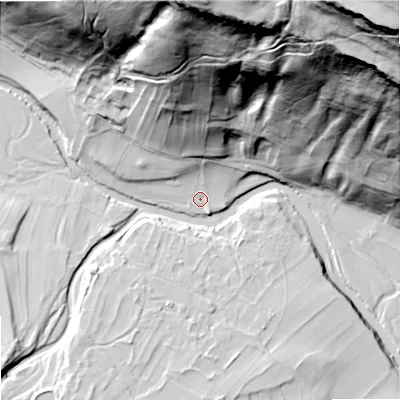 Shaded relief map of the ground around BD235QB, computed from Environment Agency LiDAR. The ground here sits at about 221 m above sea level and falls 155 m across the surrounding 800 m. Surface water reaching this point runs off ground lying to the north, 113.8 m higher.