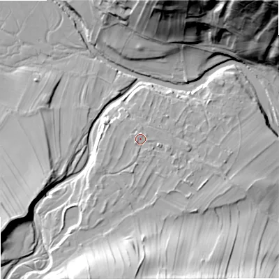 Shaded relief map of the ground around BD235QE, computed from Environment Agency LiDAR. The ground here sits at about 226 m above sea level and falls 74 m across the surrounding 800 m. Surface water reaching this point runs off ground lying to the south-south-west, 6.5 m higher.