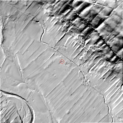 Shaded relief map of the ground around BD235QH, computed from Environment Agency LiDAR. The ground here sits at about 238 m above sea level and falls 161 m across the surrounding 800 m. Surface water reaching this point runs off ground lying to the west, 1.4 m higher.