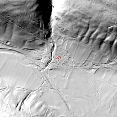 Shaded relief map of the ground around BD235QJ, computed from Environment Agency LiDAR. The ground here sits at about 255 m above sea level and falls 167 m across the surrounding 800 m. Surface water reaching this point runs off ground lying to the north-north-east, 140.8 m higher.