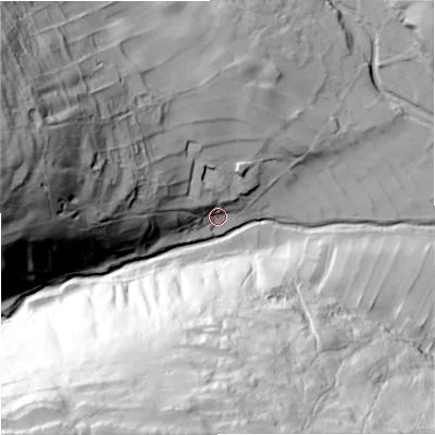Shaded relief map of the ground around BD235QL, computed from Environment Agency LiDAR. The ground here sits at about 277 m above sea level and falls 122 m across the surrounding 800 m. Surface water reaching this point runs off ground lying to the west-north-west, 36.8 m higher.