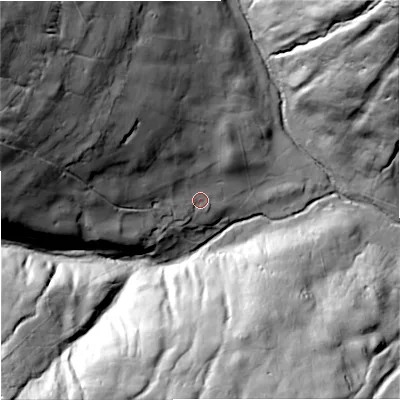 Shaded relief map of the ground around BD235QP, computed from Environment Agency LiDAR. The ground here sits at about 324 m above sea level and falls 100 m across the surrounding 800 m. Surface water reaching this point runs off ground lying to the north-west, 74.4 m higher.