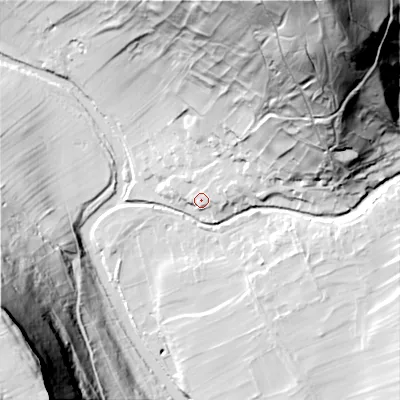 Shaded relief map of the ground around BD235QX, computed from Environment Agency LiDAR. The ground here sits at about 212 m above sea level and falls 108 m across the surrounding 800 m. Surface water reaching this point runs off ground lying to the north-east, 60.0 m higher.