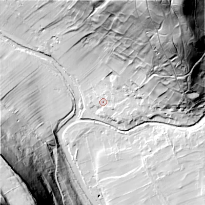 Shaded relief map of the ground around BD235QY, computed from Environment Agency LiDAR. The ground here sits at about 210 m above sea level and falls 127 m across the surrounding 800 m. Surface water reaching this point runs off ground lying to the north-north-east, 112.1 m higher.