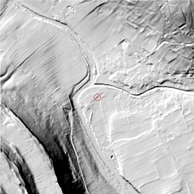 Shaded relief map of the ground around BD235QZ, computed from Environment Agency LiDAR. The ground here sits at about 207 m above sea level and falls 160 m across the surrounding 800 m. Surface water reaching this point runs off ground lying to the east-north-east, 1.7 m higher.