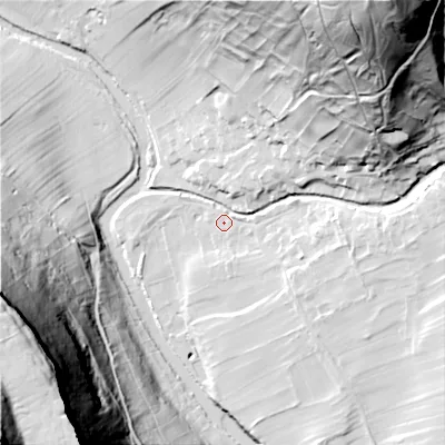 Shaded relief map of the ground around BD235RB, computed from Environment Agency LiDAR. The ground here sits at about 208 m above sea level and falls 141 m across the surrounding 800 m. Surface water reaching this point runs off ground lying to the north-east, 86.1 m higher.