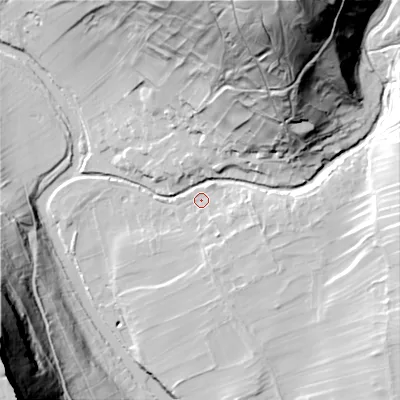 Shaded relief map of the ground around BD235RD, computed from Environment Agency LiDAR. The ground here sits at about 210 m above sea level and falls 106 m across the surrounding 800 m. Surface water reaching this point runs off ground lying to the east-south-east, 7.1 m higher.