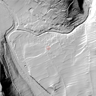 Shaded relief map of the ground around BD235RE, computed from Environment Agency LiDAR. The ground here sits at about 213 m above sea level and falls 108 m across the surrounding 800 m. Surface water reaching this point runs off ground lying to the east-north-east, 5.5 m higher.