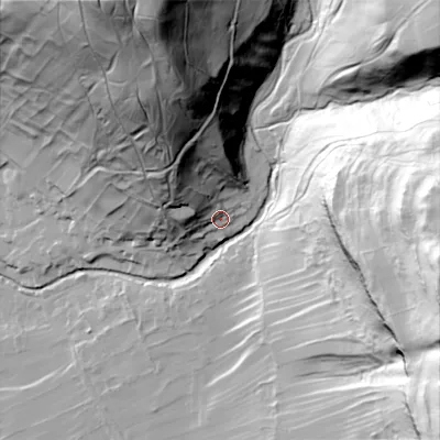 Shaded relief map of the ground around BD235RL, computed from Environment Agency LiDAR. The ground here sits at about 224 m above sea level and falls 123 m across the surrounding 800 m. Surface water reaching this point runs off ground lying to the north-west, 33.3 m higher.
