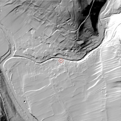 Shaded relief map of the ground around BD235RQ, computed from Environment Agency LiDAR. The ground here sits at about 212 m above sea level and falls 102 m across the surrounding 800 m. Surface water reaching this point runs off ground lying to the north-north-east, 93.5 m higher.