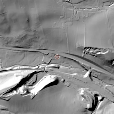 Shaded relief map of the ground around BD236AF, computed from Environment Agency LiDAR. The ground here sits at about 118 m above sea level and falls 69 m across the surrounding 800 m. Surface water reaching this point runs off ground lying to the south-west, 65.1 m higher.