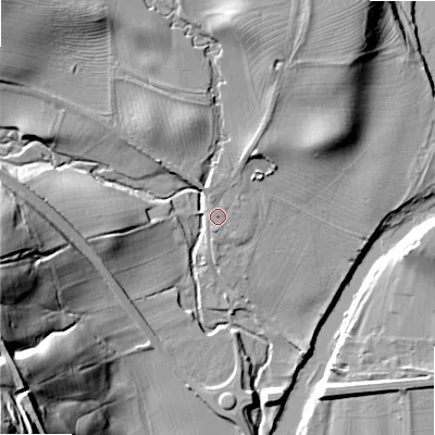 Shaded relief map of the ground around BD236AJ, computed from Environment Agency LiDAR. The ground here sits at about 99 m above sea level and falls 52 m across the surrounding 800 m. Surface water reaching this point runs off ground lying to the north-north-west, 1.2 m higher.