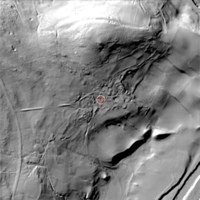Shaded relief map of the ground around BD236AU, computed from Environment Agency LiDAR. The ground here sits at about 159 m above sea level and falls 69 m across the surrounding 800 m. Surface water reaching this point runs off ground lying to the north, 32.5 m higher.