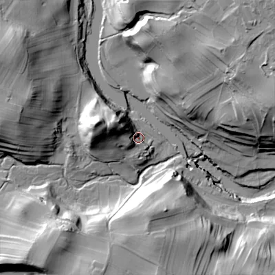 Shaded relief map of the ground around BD236BG, computed from Environment Agency LiDAR. The ground here sits at about 166 m above sea level and falls 42 m across the surrounding 800 m. Surface water reaching this point runs off ground lying to the north-west, 17.0 m higher.