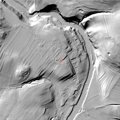 Shaded relief map of the ground around BD236BN, computed from Environment Agency LiDAR. The ground here sits at about 161 m above sea level and falls 75 m across the surrounding 800 m. Surface water reaching this point runs off ground lying to the north-west, 3.4 m higher.