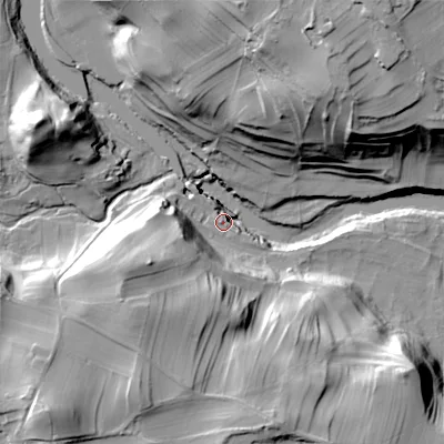 Shaded relief map of the ground around BD236BQ, computed from Environment Agency LiDAR. The ground here sits at about 162 m above sea level and falls 41 m across the surrounding 800 m. Surface water reaching this point runs off ground lying to the west-south-west, 32.0 m higher.