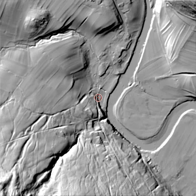 Shaded relief map of the ground around BD236BS, computed from Environment Agency LiDAR. The ground here sits at about 143 m above sea level and falls 93 m across the surrounding 800 m. Surface water reaching this point runs off ground lying to the south-west, 18.6 m higher.