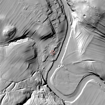Shaded relief map of the ground around BD236BU, computed from Environment Agency LiDAR. The ground here sits at about 147 m above sea level and falls 76 m across the surrounding 800 m. Surface water reaching this point runs off ground lying to the north, 3.6 m higher.