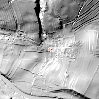 Shaded relief map of the ground around BD236DD, computed from Environment Agency LiDAR. The ground here sits at about 154 m above sea level and falls 103 m across the surrounding 800 m. Surface water reaching this point runs off ground lying to the north, 81.9 m higher.