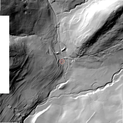 Shaded relief map of the ground around BD236DE, computed from Environment Agency LiDAR. The ground here sits at about 170 m above sea level and falls 101 m across the surrounding 800 m. Surface water reaching this point runs off ground lying to the north-east, 89.4 m higher.