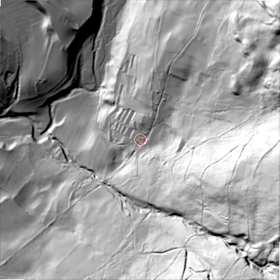 Shaded relief map of the ground around BD236DJ, computed from Environment Agency LiDAR. The ground here sits at about 169 m above sea level and falls 175 m across the surrounding 800 m. Surface water reaching this point runs off ground lying to the east-south-east, 135.9 m higher.