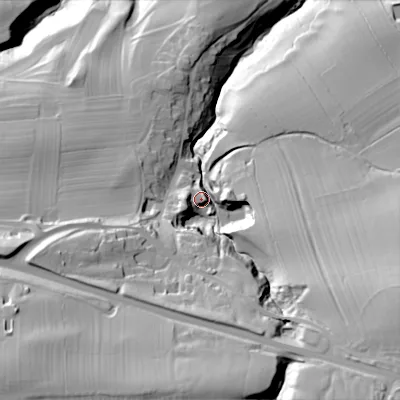 Shaded relief map of the ground around BD236EA, computed from Environment Agency LiDAR. The ground here sits at about 190 m above sea level and falls 81 m across the surrounding 800 m. Surface water reaching this point runs off ground lying to the south-east, 44.2 m higher.