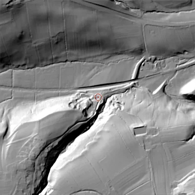 Shaded relief map of the ground around BD236ED, computed from Environment Agency LiDAR. The ground here sits at about 148 m above sea level and falls 71 m across the surrounding 800 m. Surface water reaching this point runs off ground lying to the south-west, 35.1 m higher.