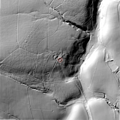 Shaded relief map of the ground around BD236EZ, computed from Environment Agency LiDAR. The ground here sits at about 159 m above sea level and falls 99 m across the surrounding 800 m. Surface water reaching this point runs off ground lying to the west-north-west, 50.4 m higher.