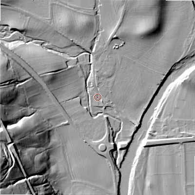 Shaded relief map of the ground around BD236HB, computed from Environment Agency LiDAR. The ground here sits at about 96 m above sea level and falls 60 m across the surrounding 800 m. Surface water reaching this point runs off ground lying to the north, 3.6 m higher.