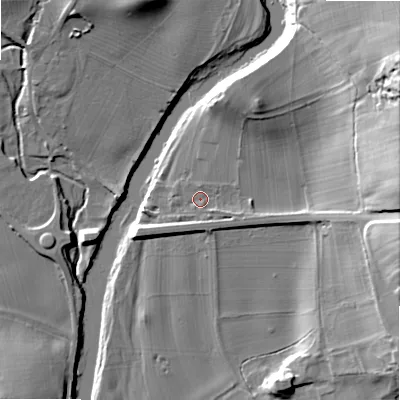 Shaded relief map of the ground around BD236HD, computed from Environment Agency LiDAR. The ground here sits at about 96 m above sea level and falls 38 m across the surrounding 800 m. Surface water reaching this point runs off ground lying to the east-north-east, 33.4 m higher.