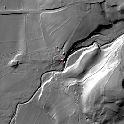 Shaded relief map of the ground around BD236HH, computed from Environment Agency LiDAR. The ground here sits at about 104 m above sea level and falls 76 m across the surrounding 800 m. Surface water reaching this point runs off ground lying to the east-south-east, 64.7 m higher.