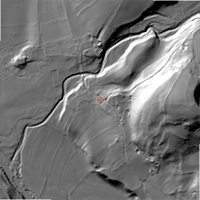 Shaded relief map of the ground around BD236HJ, computed from Environment Agency LiDAR. The ground here sits at about 109 m above sea level and falls 77 m across the surrounding 800 m. Surface water reaching this point runs off ground lying to the east-north-east, 12.0 m higher.