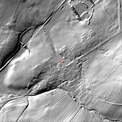 Shaded relief map of the ground around BD236LB, computed from Environment Agency LiDAR. The ground here sits at about 207 m above sea level and falls 44 m across the surrounding 800 m. Surface water reaching this point runs off ground lying to the east-south-east, 31.3 m higher.