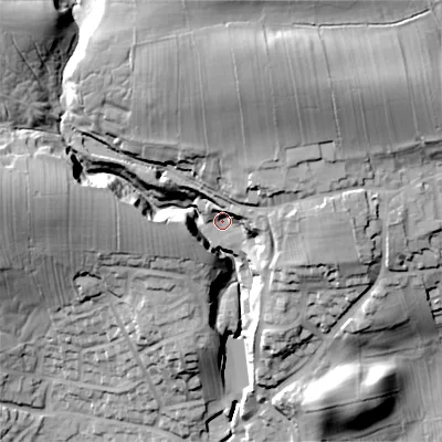 Shaded relief map of the ground around BD236NF, computed from Environment Agency LiDAR. The ground here sits at about 157 m above sea level and falls 52 m across the surrounding 800 m. Surface water reaching this point runs off ground lying to the north, 32.3 m higher.