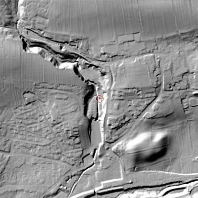 Shaded relief map of the ground around BD236NG, computed from Environment Agency LiDAR. The ground here sits at about 152 m above sea level and falls 54 m across the surrounding 800 m. Surface water reaching this point runs off ground lying to the north, 38.7 m higher.