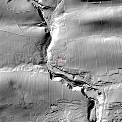 Shaded relief map of the ground around BD236PN, computed from Environment Agency LiDAR. The ground here sits at about 176 m above sea level and falls 60 m across the surrounding 800 m. Surface water reaching this point runs off ground lying to the north-north-east, 16.6 m higher.