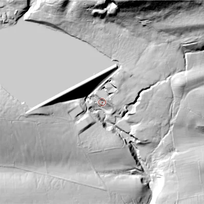 Shaded relief map of the ground around BD236PR, computed from Environment Agency LiDAR. The ground here sits at about 193 m above sea level and falls 111 m across the surrounding 800 m. Surface water reaching this point runs off ground lying to the north-north-east, 92.9 m higher.