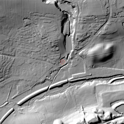 Shaded relief map of the ground around BD236QH, computed from Environment Agency LiDAR. The ground here sits at about 141 m above sea level and falls 53 m across the surrounding 800 m. Surface water reaching this point runs off ground lying to the north-north-west, 18.4 m higher.