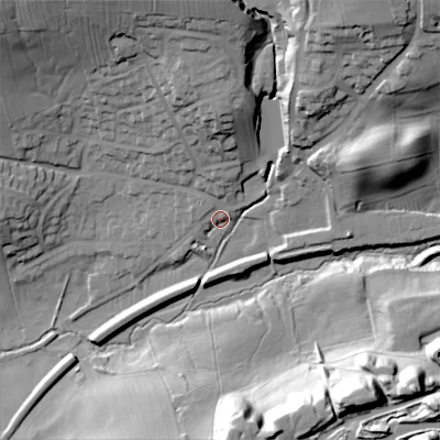 Shaded relief map of the ground around BD236QT, computed from Environment Agency LiDAR. The ground here sits at about 140 m above sea level and falls 61 m across the surrounding 800 m. Surface water reaching this point runs off ground lying to the north, 7.9 m higher.