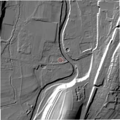 Shaded relief map of the ground around BD240AA, computed from Environment Agency LiDAR. The ground here sits at about 137 m above sea level and falls 40 m across the surrounding 800 m. Surface water reaching this point runs off ground lying to the east, 1.8 m higher.
