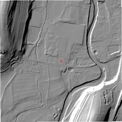Shaded relief map of the ground around BD240AB, computed from Environment Agency LiDAR. The ground here sits at about 138 m above sea level and falls 43 m across the surrounding 800 m. Surface water reaching this point runs off ground lying to the north, 1.9 m higher.