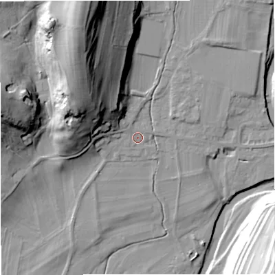 Shaded relief map of the ground around BD240AE, computed from Environment Agency LiDAR. The ground here sits at about 137 m above sea level and falls 43 m across the surrounding 800 m. Surface water reaching this point runs off ground lying to the north-west, 17.1 m higher.