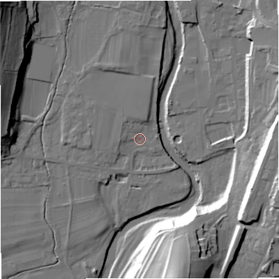 Shaded relief map of the ground around BD240AF, computed from Environment Agency LiDAR. The ground here sits at about 137 m above sea level and falls 38 m across the surrounding 800 m. Surface water reaching this point runs off ground lying to the north, 4.6 m higher.
