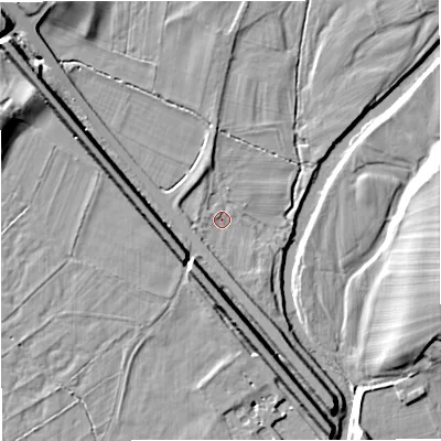 Shaded relief map of the ground around BD240AH, computed from Environment Agency LiDAR. The ground here sits at about 131 m above sea level and falls 14 m across the surrounding 800 m. Surface water reaching this point runs off ground lying to the north-west, 8.1 m higher.